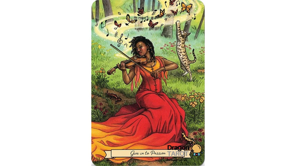 Dragons Tarot card titled 'Gin in a Passion', featuring an illustration of a woman in a flowing red dress playing a violin in a forest with musical notes, butterflies, and a leopard.