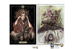 Two Dragon Tarot cards displayed side by side on a white background. The left card, 'Dragon Tarot' (Page), features a dark illustration of a woman with a dragon at her side.