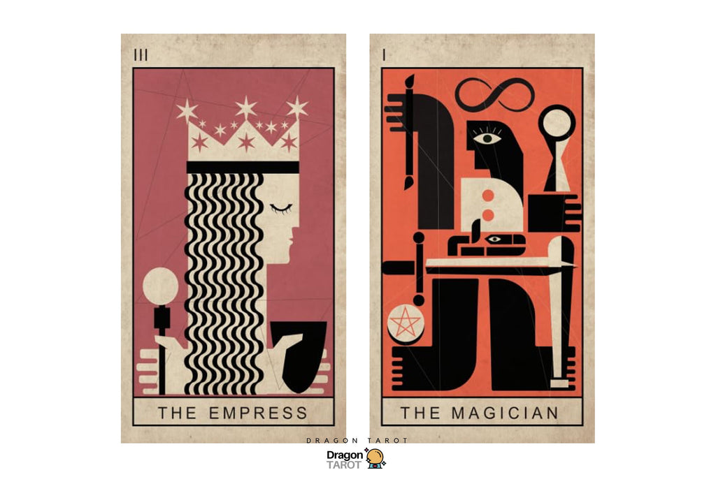 Two vertical tarot-style art cards shown side by side on a light gray background. The left card is labeled 'THE EMPRESS' with a stylized profile of a crowned woman in pink, cream, black, and white.