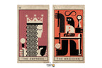 Two vertical tarot-style art cards shown side by side on a light gray background. The left card is labeled 'THE EMPRESS' with a stylized profile of a crowned woman in pink, cream, black, and white.