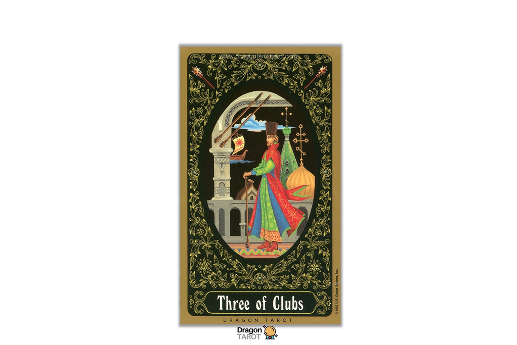 A tarot card titled 'Three of Clubs' featuring an illustration of a figure in a green cloak standing before a stone structure under a dark arch, framed by an ornate dark border with the title at the bottom.