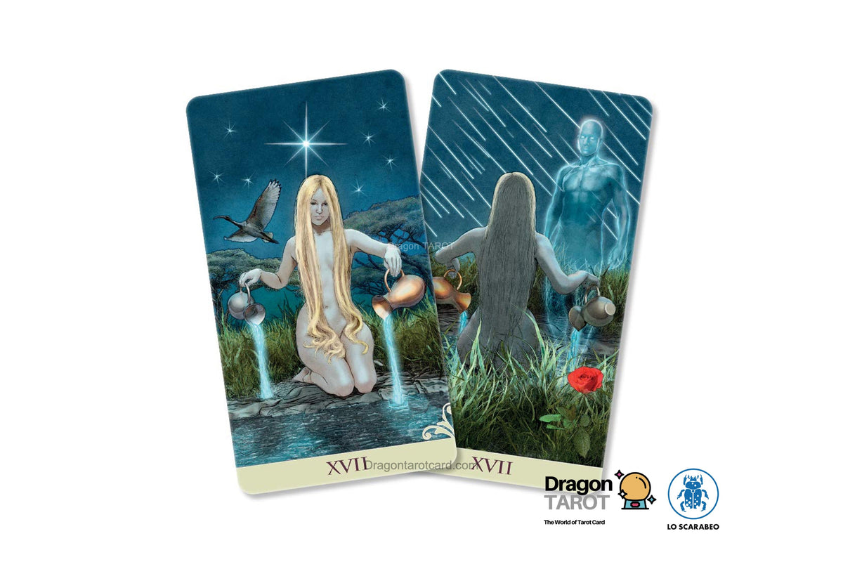 Two illustrated tarot cards fanned out on a white background, showing a mystical scene with a kneeling woman, water, stars, and a glowing figure. The cards are branded with Dragon Tarot and Le Jumeau Précie logos at the bottom.