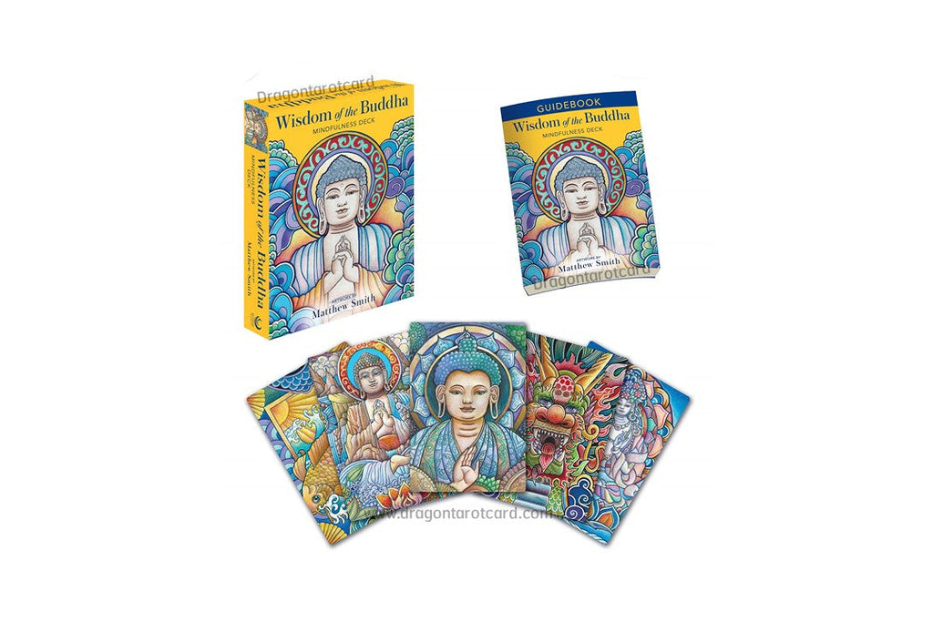 Dragon Tarot 'Wisdom of the Buddhas' deck shown with its illustrated box, a single card, and several fanned cards on a white background, with Dragon Tarot branding and a Facebook icon visible.
