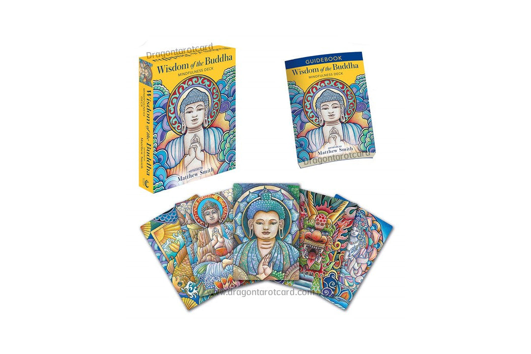Dragon Tarot 'Wisdom of the Buddhas' deck shown with its illustrated box, a single card, and several fanned cards on a white background, with Dragon Tarot branding and a Facebook icon visible.
