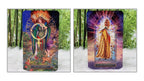 Two illustrated tarot-style cards shown side by side on a white furry surface with a blurred green forest background. The left card depicts a crowned woman in a green cloak holding a staff, with the text 'ALL THE POWER'.