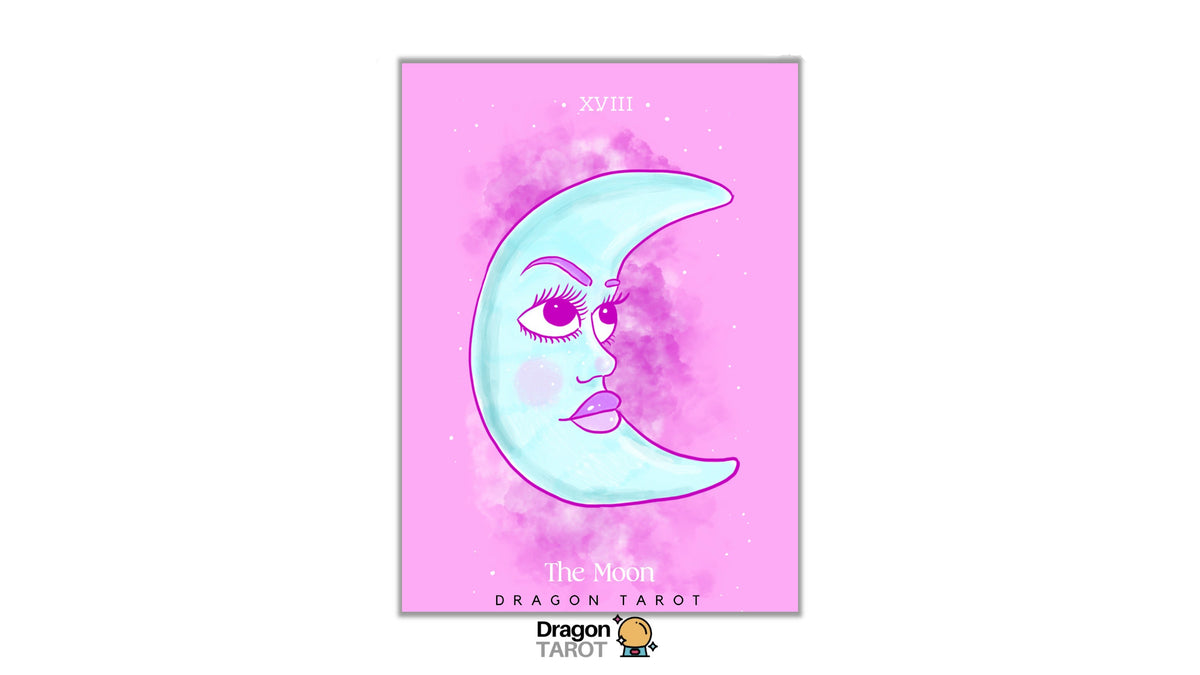 A Dragon Tarot card titled 'The Moon' (XVIII) featuring a stylized light blue crescent moon face with pink eyes and lips on a pink watercolor background. The card is centered on a white canvas with Dragon Tarot logos at the top and bottom.