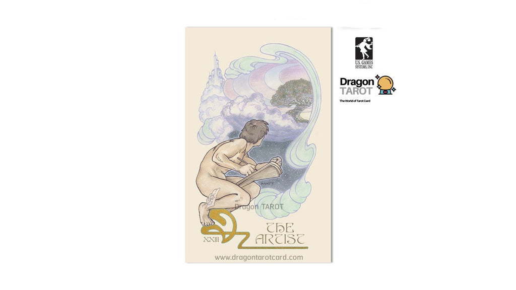 A single tarot card from the Dragon Tarot 'The Fates' suit, featuring a beige background with a central illustration of a nude female figure seated on a rock, surrounded by flowing blue and green waves and a pale moon. The card is centered on a white background with Dragon Tarot logos and a Facebook icon printed above it.