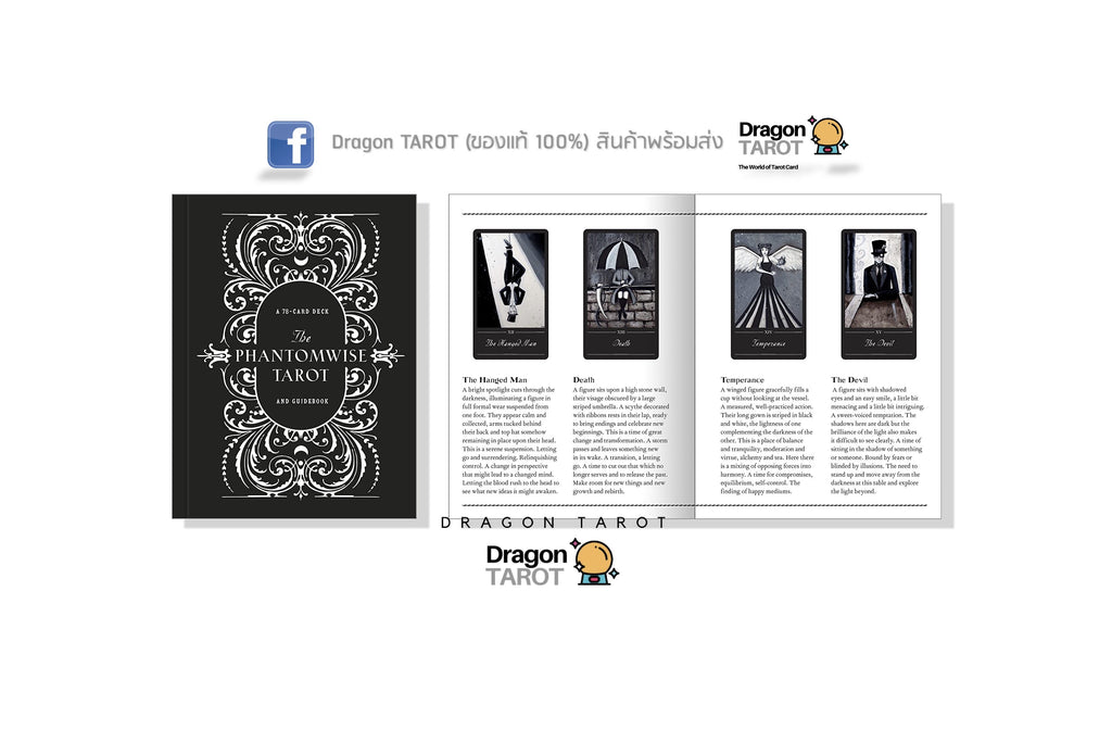 A promotional layout for Dragon Tarot showing a black tarot card deck box with ornate white gothic artwork, an open booklet with tarot card examples and text, and social media branding on a white background.