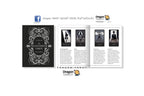 A promotional layout for Dragon Tarot showing a black tarot card deck box with ornate white gothic artwork, an open booklet with tarot card examples and text, and social media branding on a white background.