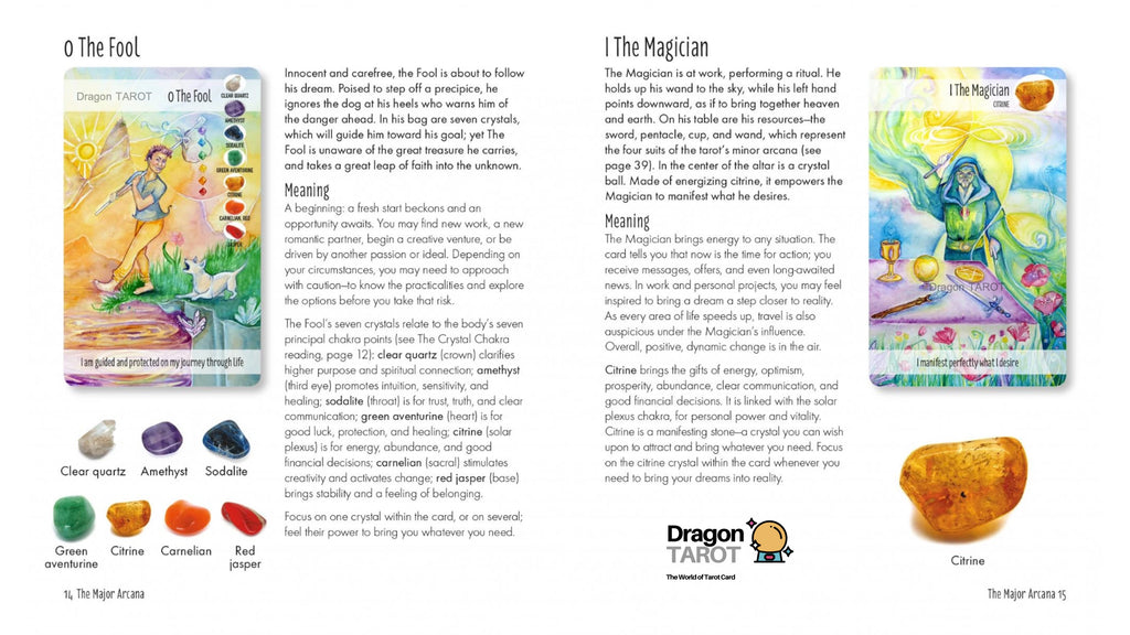 A printed tarot card layout titled 'O The Fool' with text blocks, card illustrations, element icons, and a small 'Dragon Tarot' logo. It is not a product-only studio photo, not a lifestyle scene, and not a measurement chart, color swatch, or instruction diagram; it functions as a digital/print preview of card artwork, so subject_type is Other.