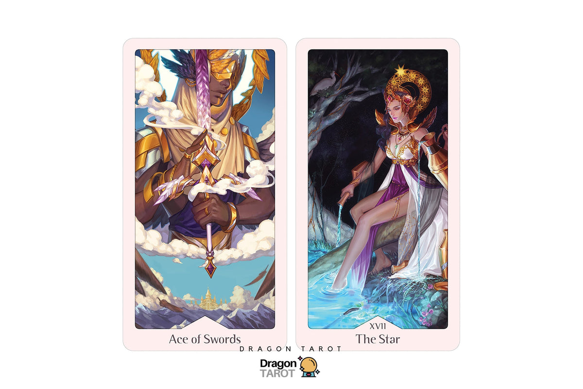 Two illustrated tarot cards shown side by side on a white background: the left card reads 'Ace of Swords' with a winged sword rising through clouds, and the right card reads 'The Star' with a celestial woman seated in water. The Dragon Tarot logo appears below the cards.
