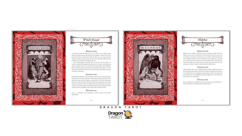 Dragon Tarot deck packaging and booklet layout shown on a white background, featuring red ornate border cards and printed instruction pages with English text.