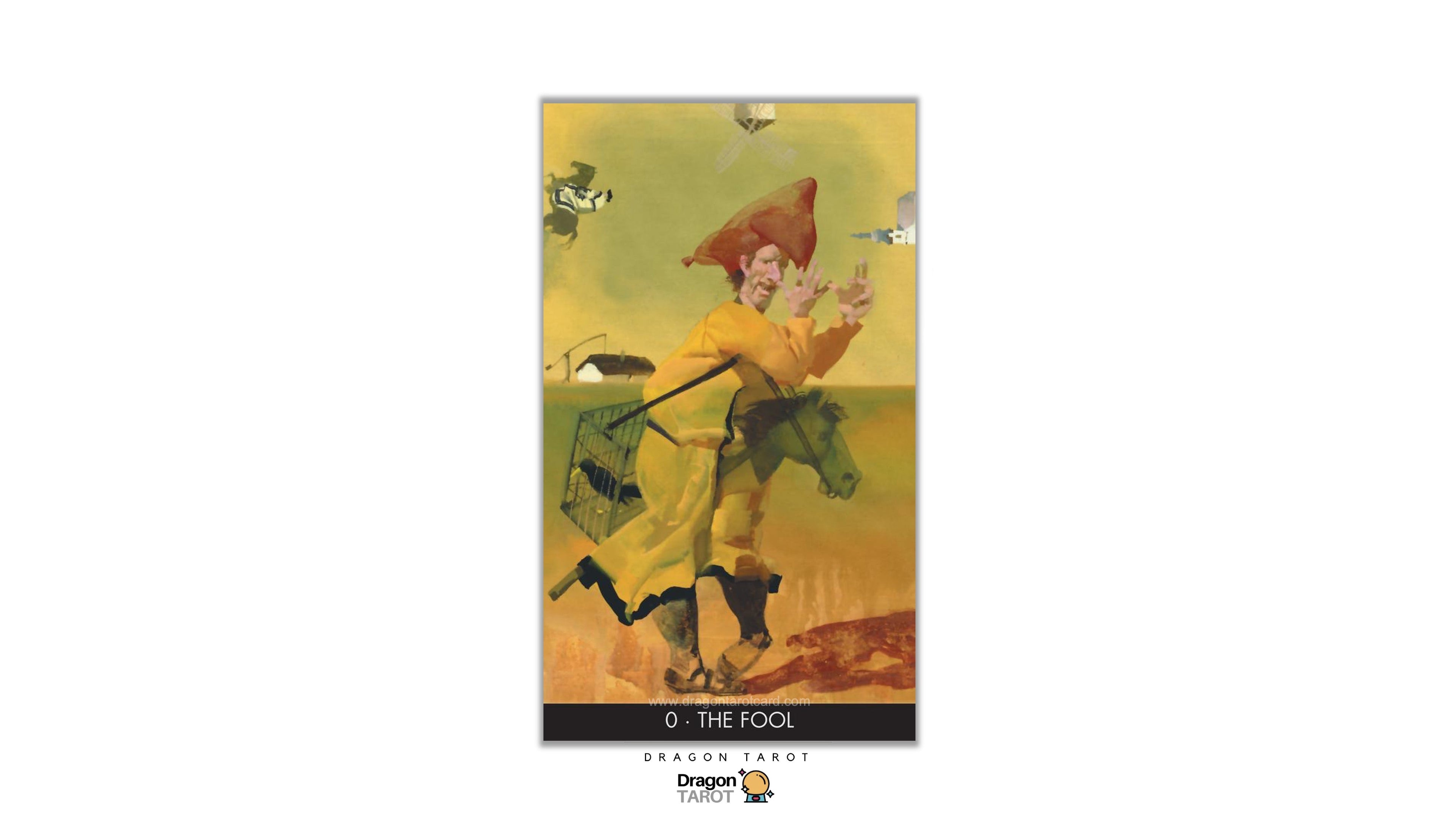 Dragon Tarot '0 - The Fool' card shown vertically on a white background, with a '10 Scrambled' badge and Dragon Tarot logo on the right side.
