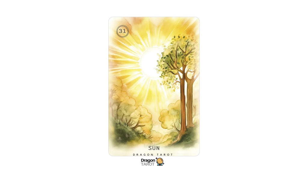 A Dragon Tarot 'Sun' card centered on a white background, featuring a glowing sunburst, trees, and soft yellow-green watercolor tones. The Dragon Tarot logo appears below the card.