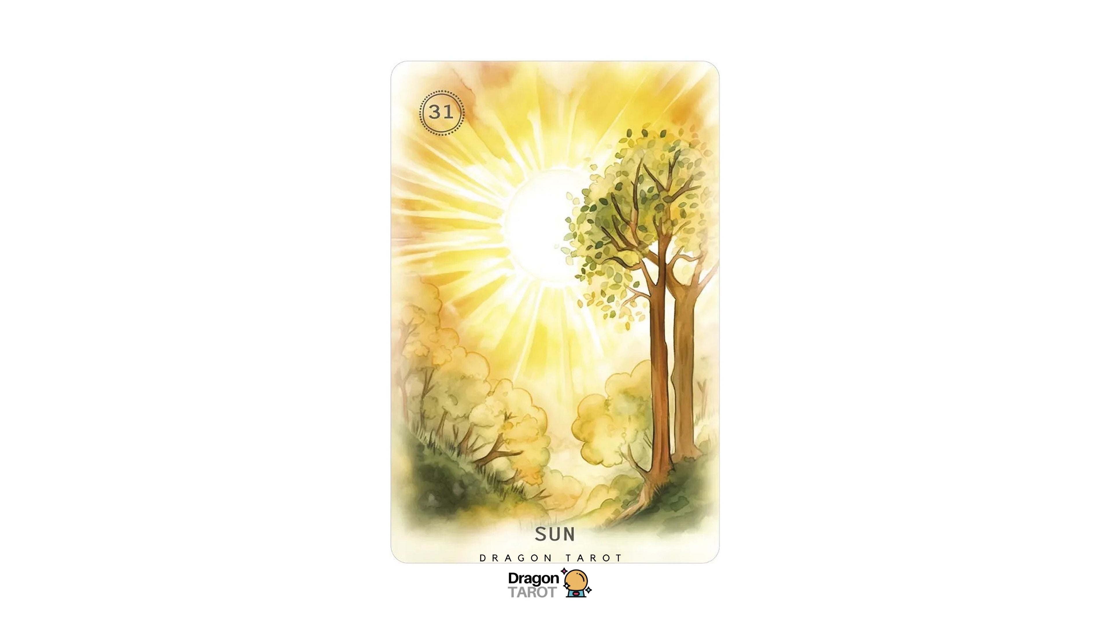 A Dragon Tarot 'Sun' card centered on a white background, featuring a glowing sunburst, trees, and soft yellow-green watercolor tones. The Dragon Tarot logo appears below the card.