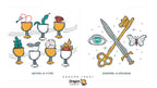 A digital graphic sheet from Dragon Tarot showing illustrated tarot card concepts: 'Seven of Cups' with seven goblets in different colors and symbols, and 'Keeper of Swords' with a sword, key, butterfly, and eye illustration on a white background.