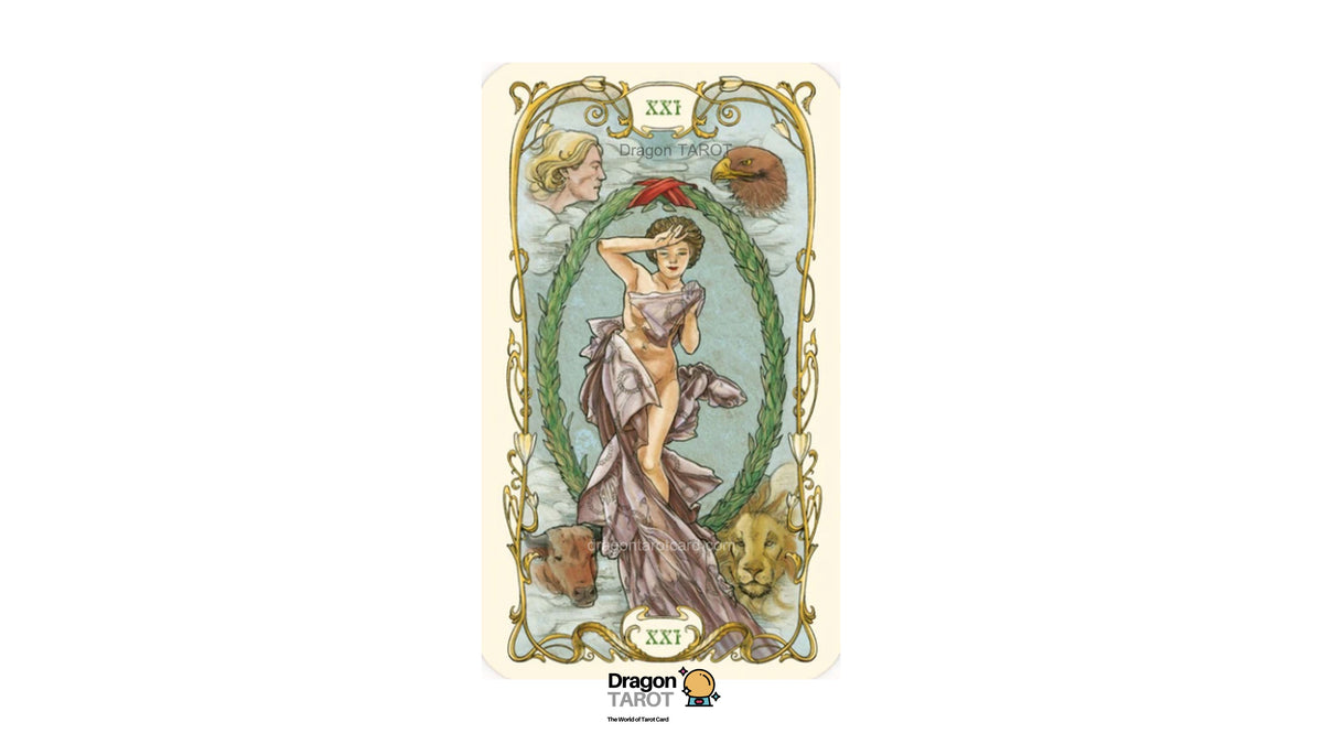 A tarot card featuring the XXI The Devil card design, with an illustrated nude female figure in a draped gown, surrounded by a green wreath, lions, a bird, and decorative gold border on an off-white card. The Dragon Tarot logo is visible at the bottom.
