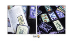Dragon Tarot card deck set shown with an open instruction booklet, several illustrated cards, and a black fabric pouch on a white background. The cards feature whimsical fantasy illustrations in purple, green, beige, and black.