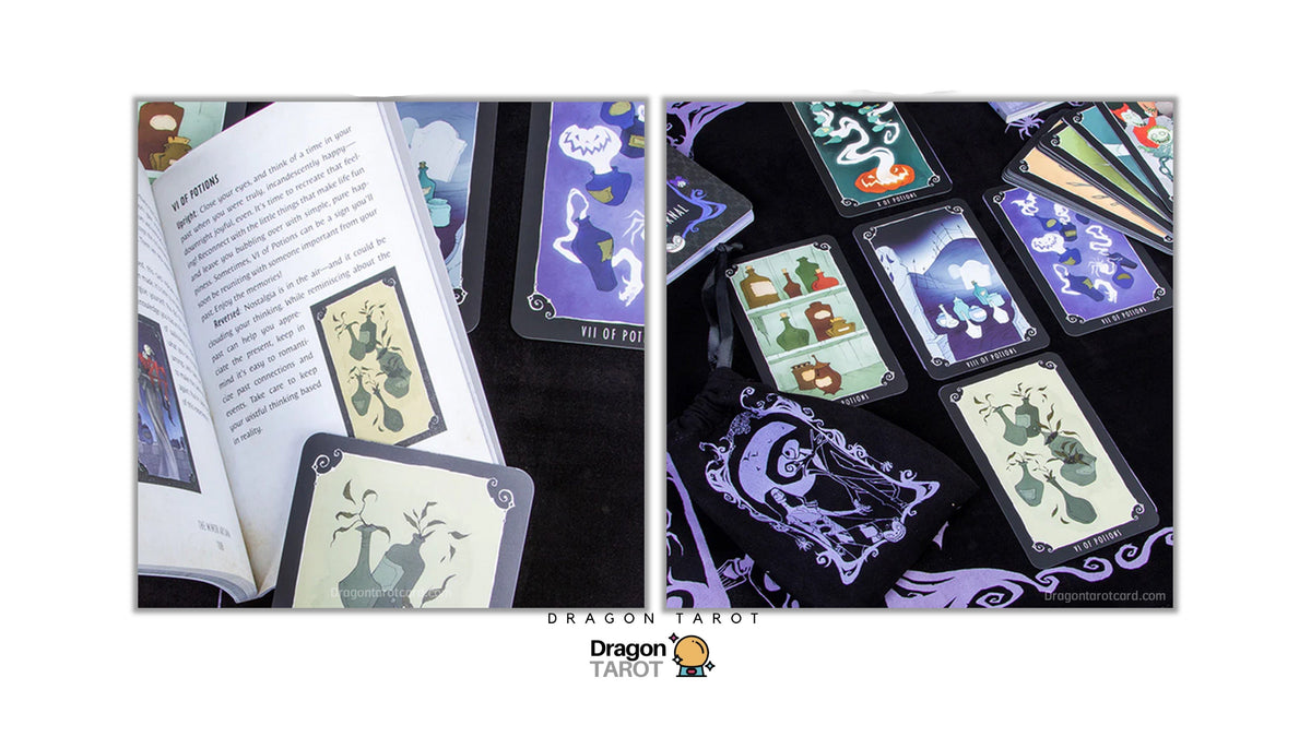 Dragon Tarot card deck set shown with an open instruction booklet, several illustrated cards, and a black fabric pouch on a white background. The cards feature whimsical fantasy illustrations in purple, green, beige, and black.