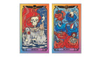 Two vertical tarot-style art cards shown side by side on a white background. The left card is labeled QUEEN and depicts a skeleton woman with long red hair, a skull crown, and a flame.