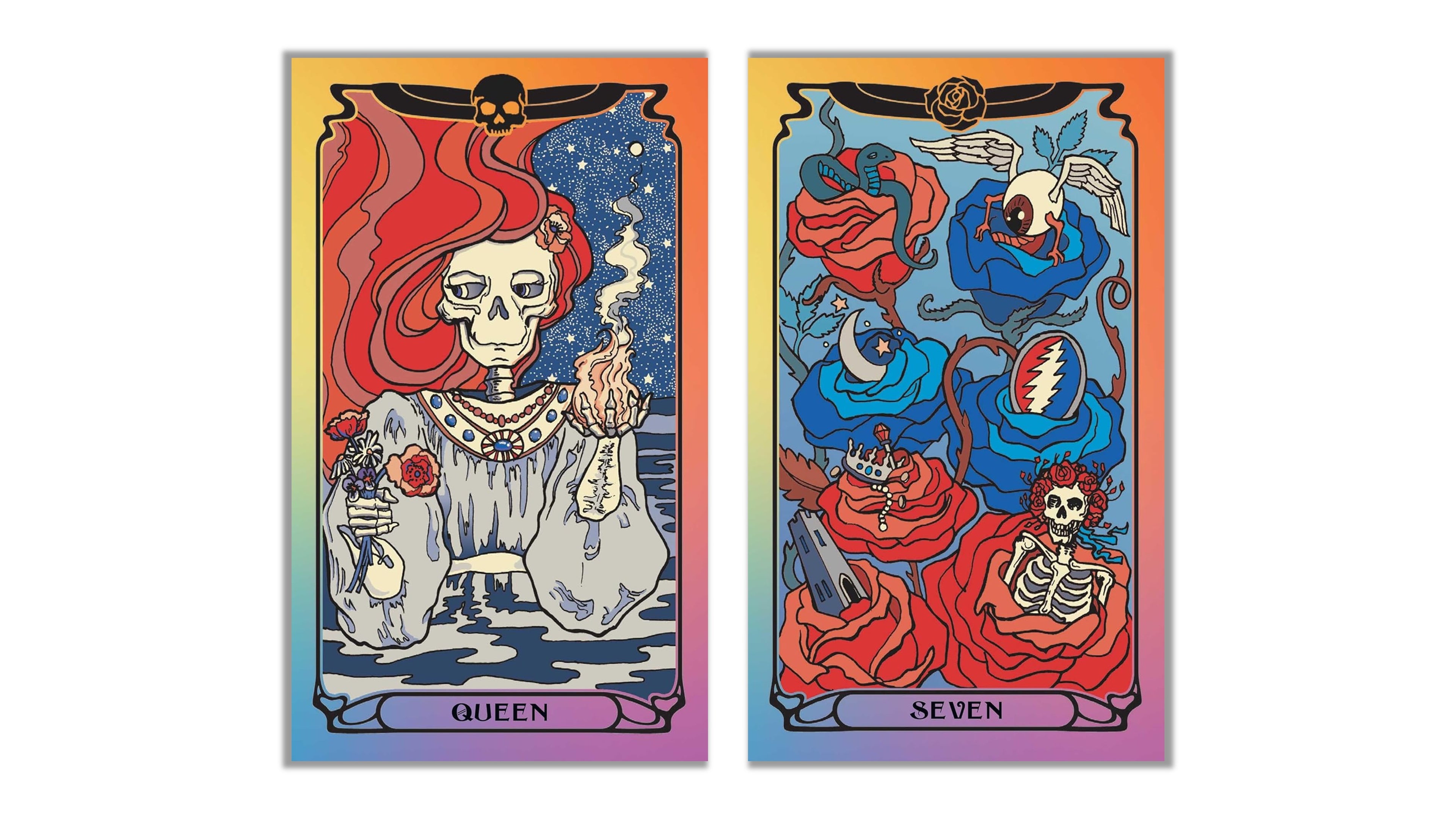 Two vertical tarot-style art cards shown side by side on a white background. The left card is labeled QUEEN and depicts a skeleton woman with long red hair, a skull crown, and a flame.