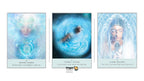 Three Dragon Tarot cards displayed side-by-side on a white background with branding at the top and bottom. The cards feature mystical water-themed illustrations: 'Water Codes' with a blue mandala and face, 'Cosmic Ocean' with a swirling blue vortex, and 'Clear Waters' with a glowing blue face.