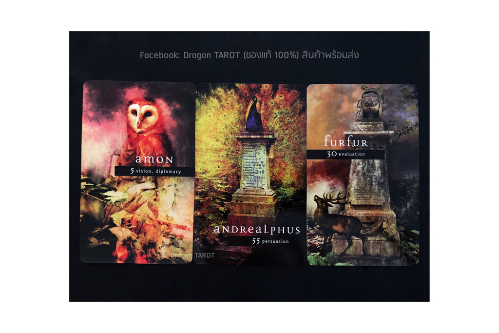 A set of three Dragon Tarot cards displayed side-by-side on a black background, featuring mystical illustrations of an owl, a stone monument, and a gothic figure. Thai text is visible at the top of the presentation.