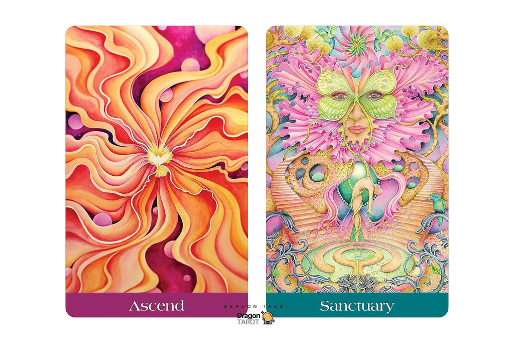 Two illustrated oracle cards shown side by side on a white background. The left card is labeled 'Ascend' with swirling orange, pink, and yellow abstract floral artwork.