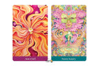 Two illustrated oracle cards shown side by side on a white background. The left card is labeled 'Ascend' with swirling orange, pink, and yellow abstract floral artwork.