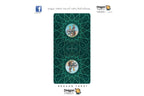 A vertical product shot of a Dragon Tarot deck box or card cover in dark teal-green with a geometric star pattern and two circular dragon illustrations, centered on a white background with small social media and brand marks around it.