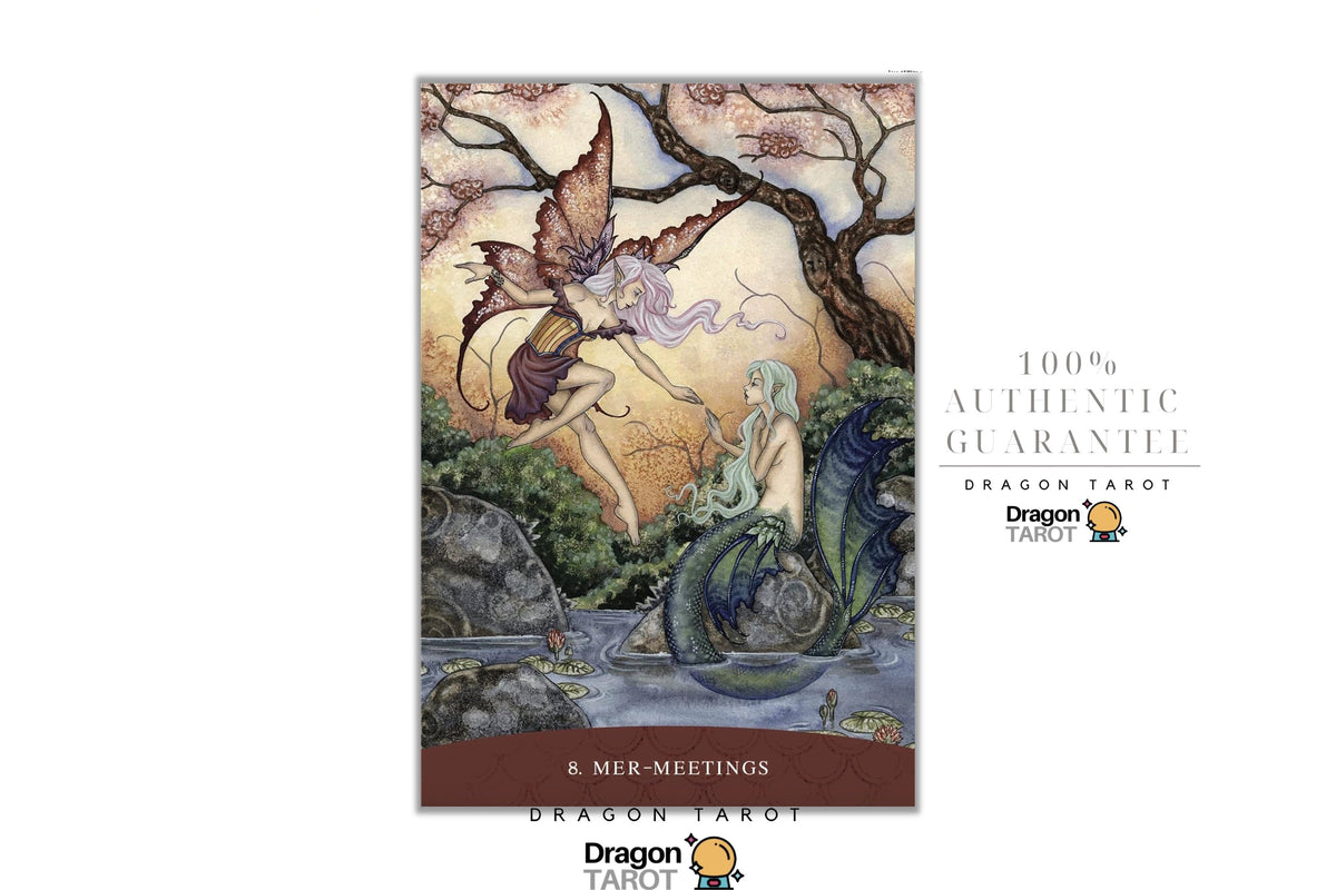 Dragon Tarot card deck packaging cover titled 'Mer-Meetings', featuring an illustrated fantasy scene with a winged figure, a seated woman, trees, and water. The image includes the Dragon Tarot logo and text on a white background.