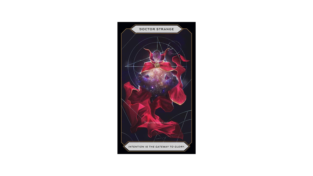 A vertical art print or poster featuring a stylized cosmic figure in flowing red and pink forms against a dark space background, with the text 'DOCTOR STRANGE' at the top and 'ATTENTION IS THE GATEWAY TO GLORY' at the bottom.