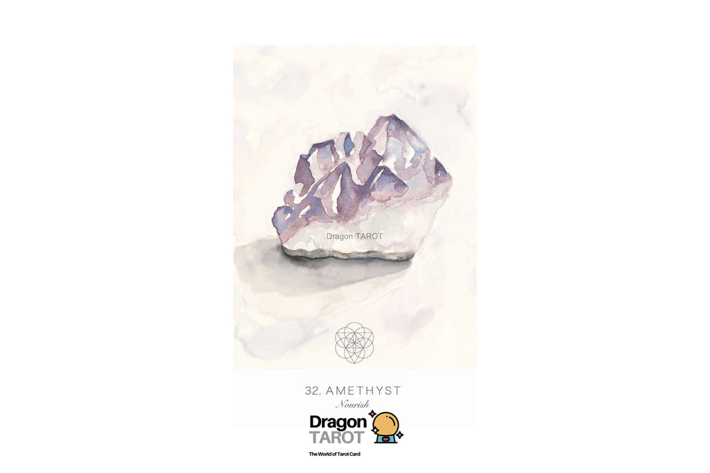 A vertical art print featuring a watercolor illustration of a purple amethyst crystal cluster on a textured off-white background. Below the crystal, the text '32 AMETHYST' is printed, followed by a geometric symbol and the 'Dragon Tarot' logo at the bottom.