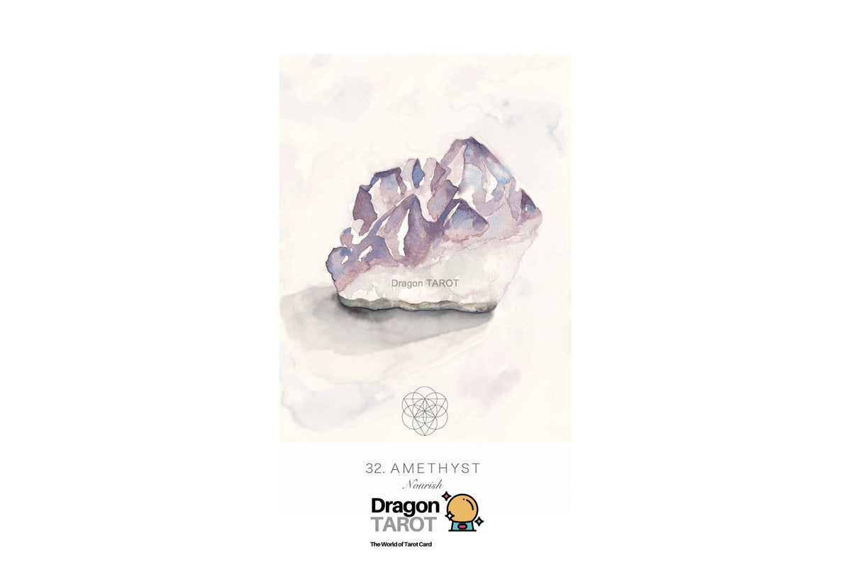 A vertical art print featuring a watercolor illustration of a purple amethyst crystal cluster on a textured off-white background. Below the crystal, the text '32 AMETHYST' is printed, followed by a geometric symbol and the 'Dragon Tarot' logo at the bottom.