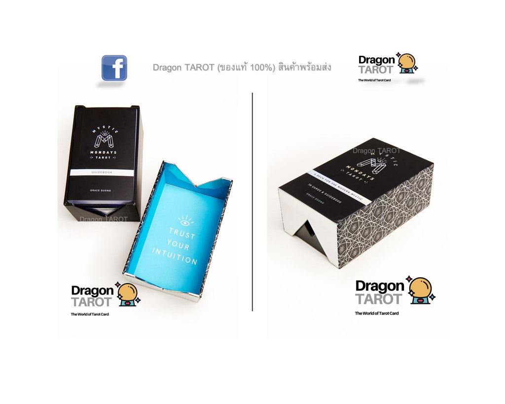 Two Dragon Tarot deck boxes shown on a white background, one in black with a blue insert and one in black and white speckled paper. Social media and brand logos are visible at the top and bottom.