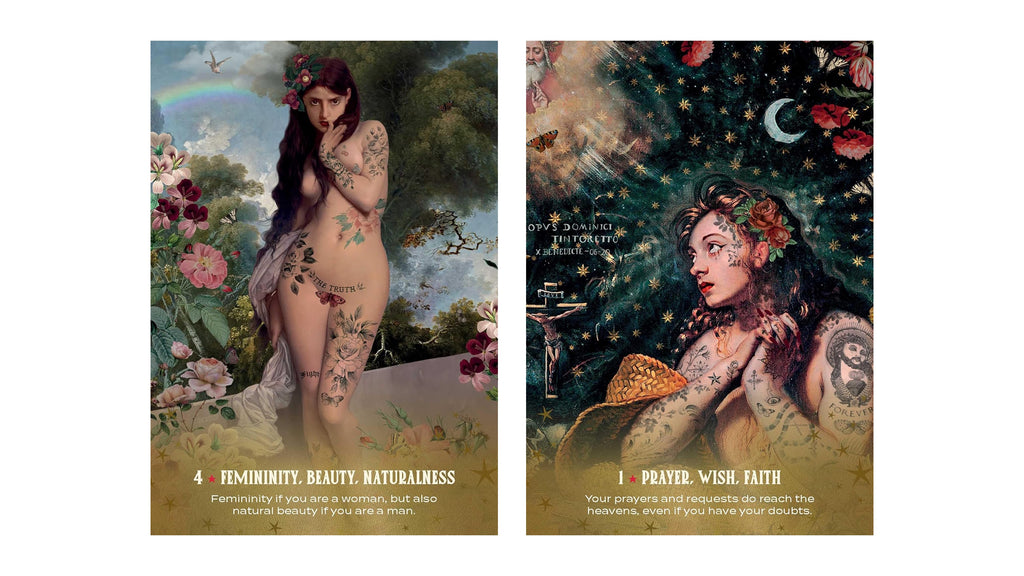 Two illustrated tarot-style cards shown side by side on a white background. The left card is titled 'Femininity Beauty Naturalness' and depicts a nude woman with floral elements and a rainbow in a garden.