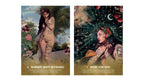 Two illustrated tarot-style cards shown side by side on a white background. The left card is titled 'Femininity Beauty Naturalness' and depicts a nude woman with floral elements and a rainbow in a garden.