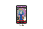 A tarot card product shown upright on a plain white background, with the brand name Dragon Tarot visible below the card. The card depicts the High Priestess scene in a stylized illustration with a purple circular backdrop, blue robe, green hair, and red border details.