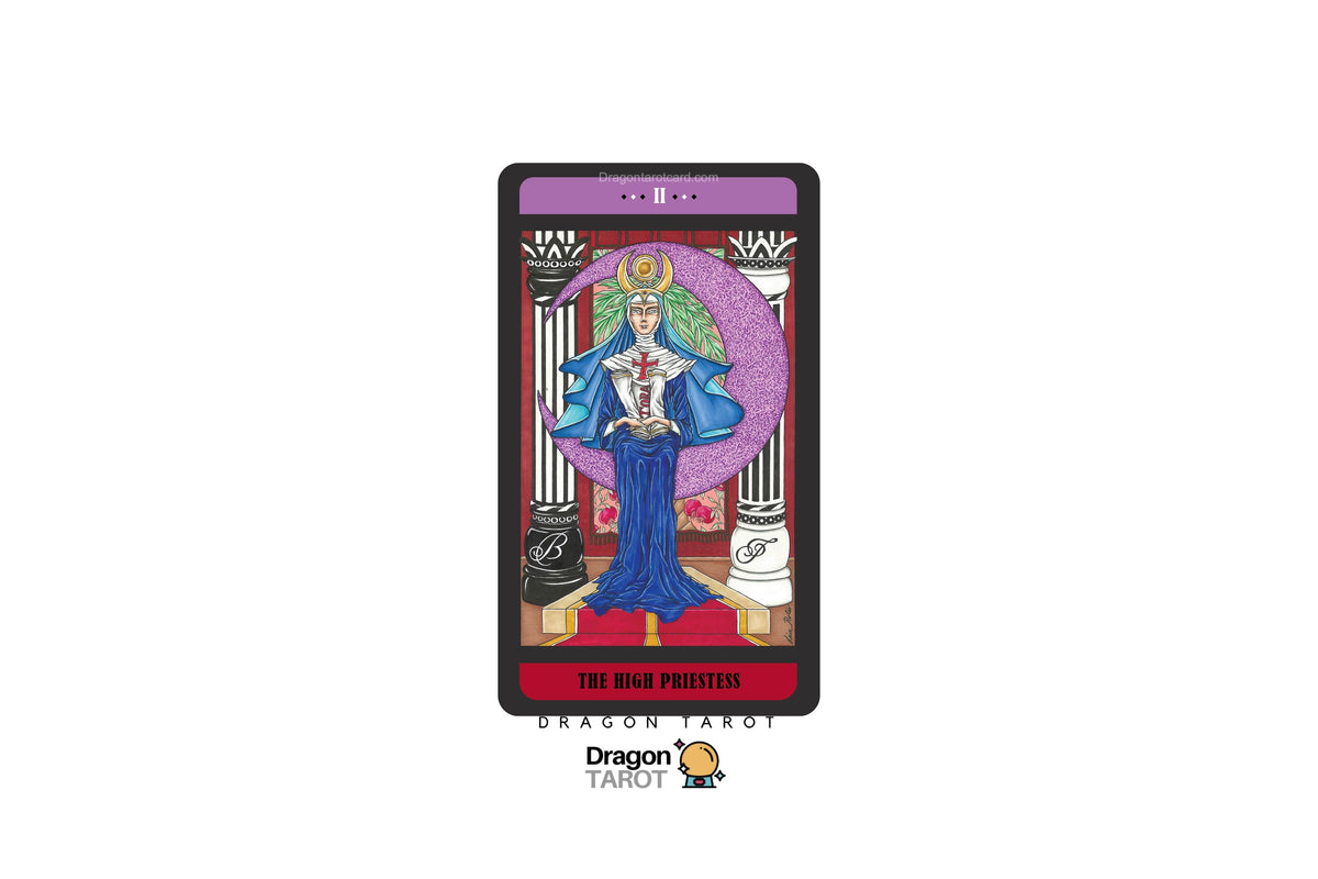 A tarot card product shown upright on a plain white background, with the brand name Dragon Tarot visible below the card. The card depicts the High Priestess scene in a stylized illustration with a purple circular backdrop, blue robe, green hair, and red border details.