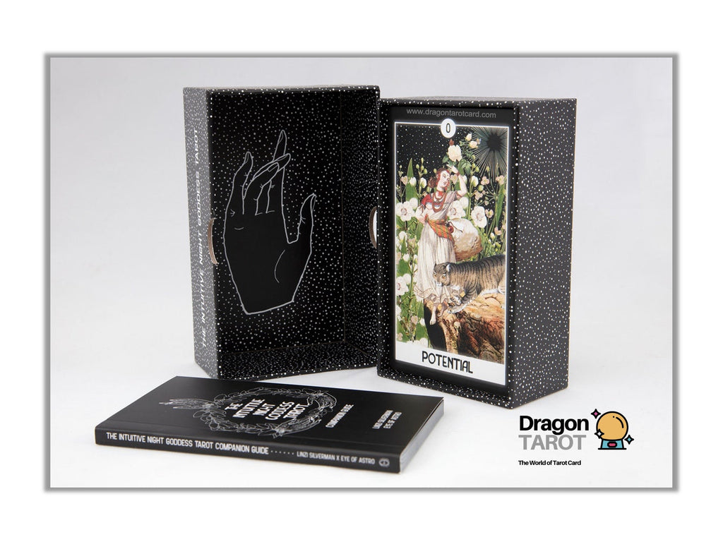 Dragon Tarot deck packaging shown on a light gray background, including a black speckled box with a hand outline, an open card display showing the Kowtari card, a flat booklet, and the Dragon Tarot logo.