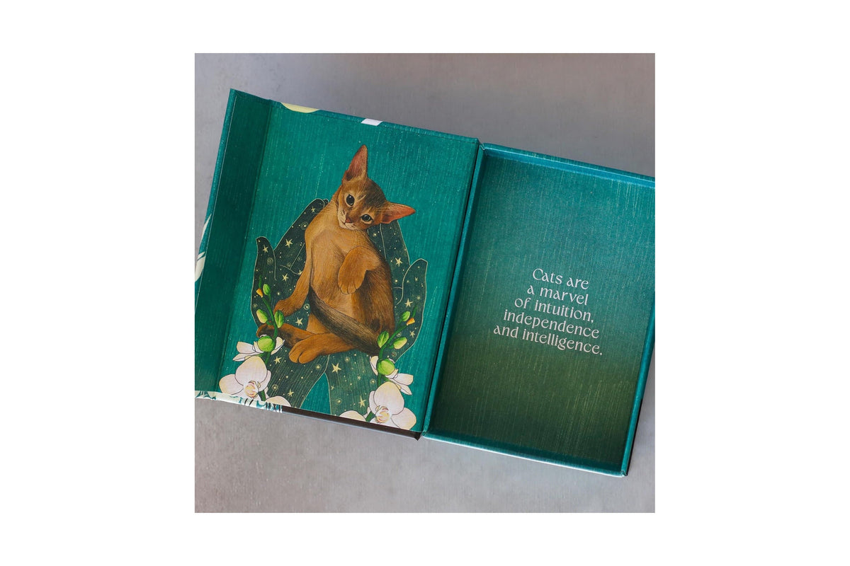 An open teal-green book or notebook with a painted brown fox on the left page and printed text on the right page, photographed against a light gray background.