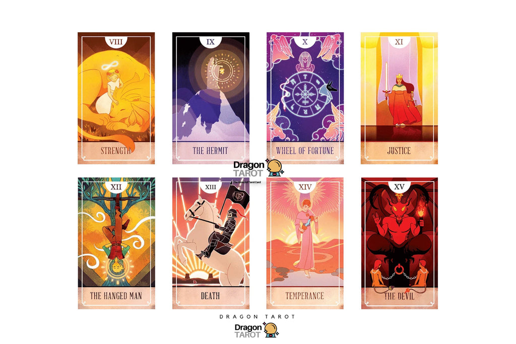 Eight illustrated tarot cards arranged in two rows on a white background, with a Dragon Tarot logo at the bottom center. The cards feature stylized fantasy artwork in yellow, purple, red, orange, and blue tones, with Roman numerals and card titles including Strength, The Hierarchy, The Fool, Justice, The Hanged Man, Death, Temperance, and The Devil.