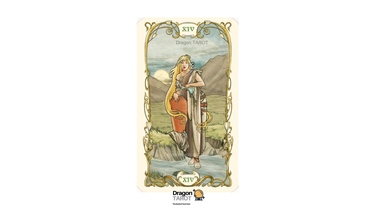 A Dragon Tarot card featuring the XIV Death Tarot illustration, showing a woman with long blonde hair standing by a river with mountains in the background, framed by an ornate gold border on an off-white card. The Dragon Tarot logo is visible at the bottom.