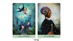 Two illustrated tarot-style cards shown side by side on a white background. The left card reads "King of Swords" and depicts a robed figure with a sword against a teal floral background.