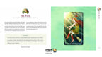 A printed card deck package or booklet spread for Dragon Tarot, showing the front and back. The left side has text blocks and a small tarot card illustration, while the right side shows the back with a larger tarot card design on a mint green background and the Dragon Tarot logo at the bottom.