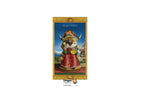 A vertical Dragon Tarot card centered on a white background, featuring a gold ornate border and an illustration of a dragon-like figure in red and gold robes. The text 'Dragon TAROT' appears at the top, and a small 'Dragon Tarot' logo is visible below the card.