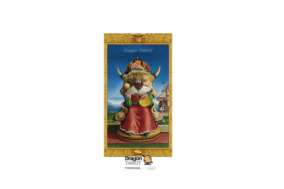 A vertical Dragon Tarot card centered on a white background, featuring a gold ornate border and an illustration of a dragon-like figure in red and gold robes. The text 'Dragon TAROT' appears at the top, and a small 'Dragon Tarot' logo is visible below the card.
