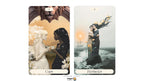 Two illustrated tarot cards shown side by side on a white background. The left card is labeled 'Cups' and shows two women seated under a lion head arch.