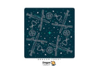 A square tarot card design featuring white line art illustrations of swords, pentagrams, cups, and stars on a dark teal background, shown centered on a white page with Dragon Tarot branding.