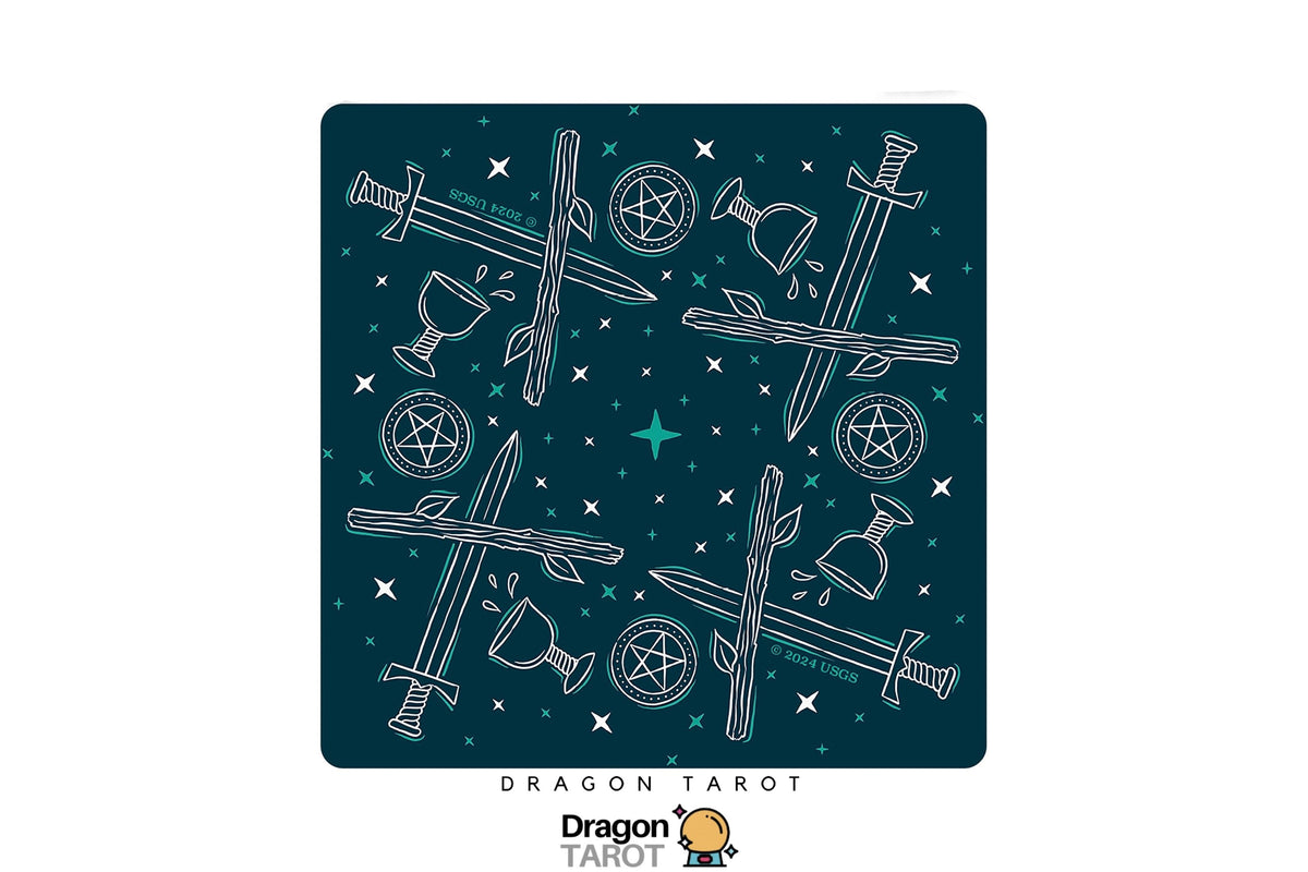 A square tarot card design featuring white line art illustrations of swords, pentagrams, cups, and stars on a dark teal background, shown centered on a white page with Dragon Tarot branding.